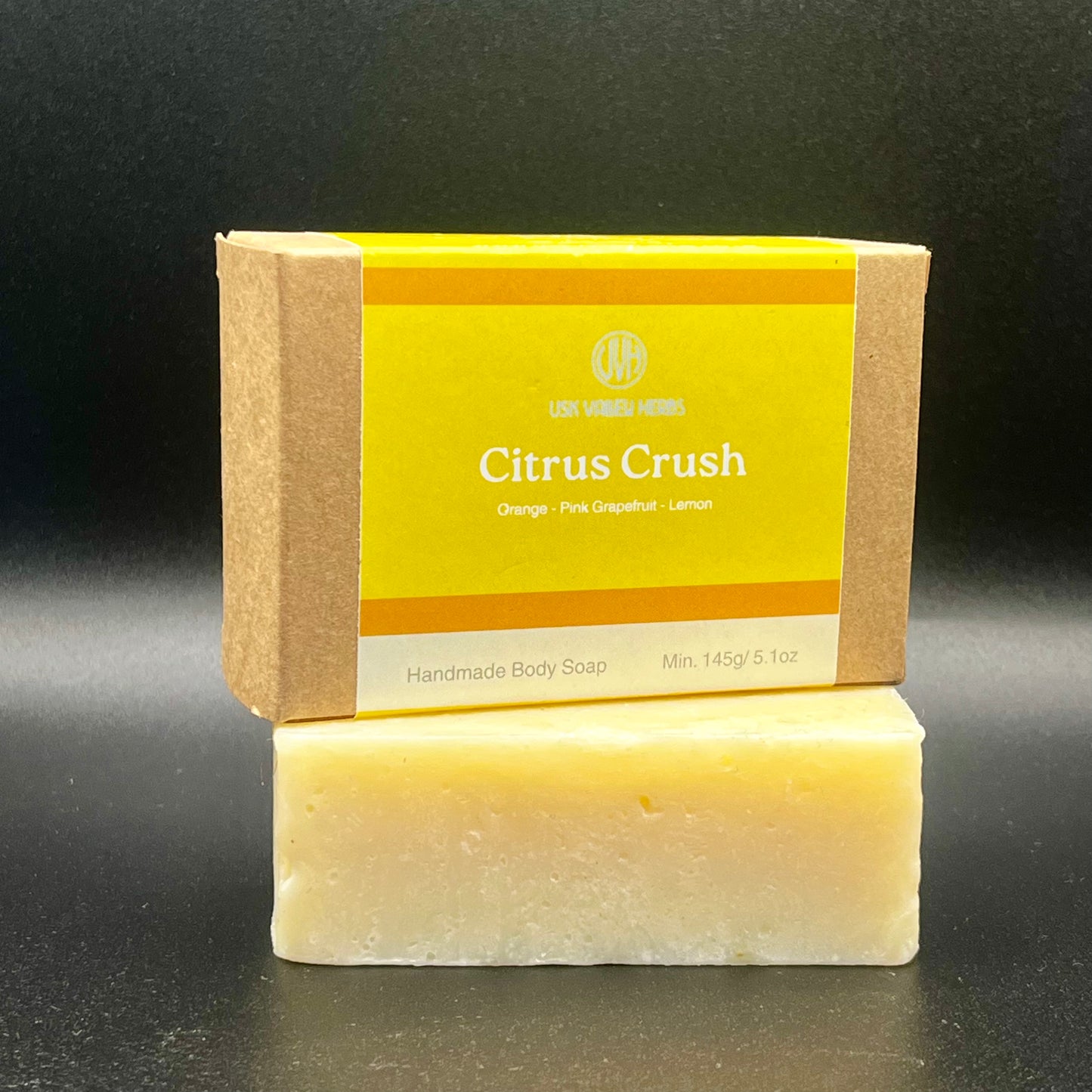 Citrus Crush handmade natural soap bar with essential oils of Sweet Orange pink grapefruit and lemon by Usk Valley Herbs in the Brecon Beacons