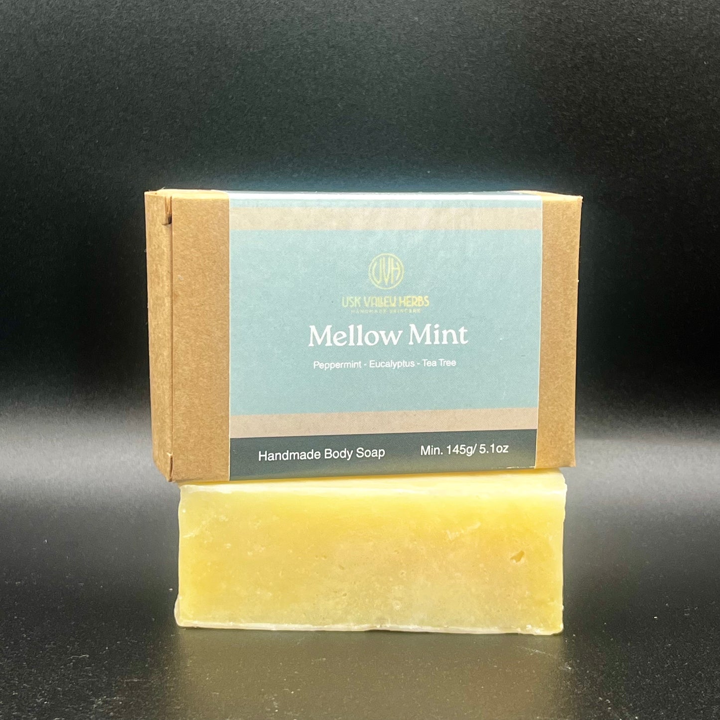 Mellow Mint handmade natural soap bar with Eucalyptus, Tea Tree and Peppermint essential oils, crafted in the Brecon Beacons by Usk Valley Herbs