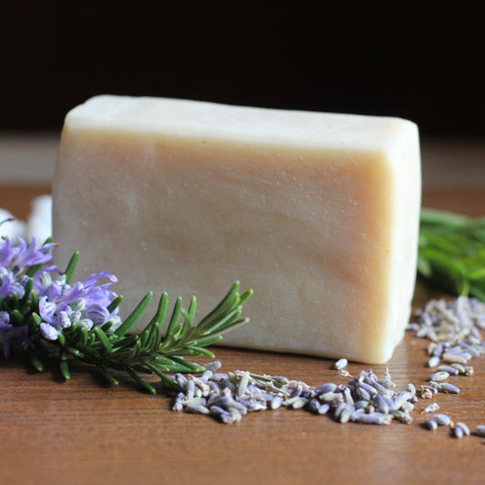 Handmade lavender soap bar with marshmallow root, made using the hot process method in the Usk Valley, Wales