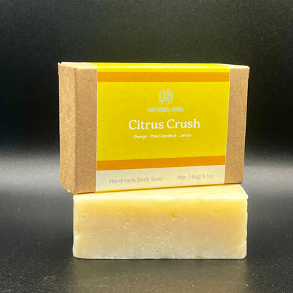 Citrus Crush handmade natural soap bar with essential oils of Sweet Orange pink grapefruit and lemon by Usk Valley Herbs in the Brecon Beacons