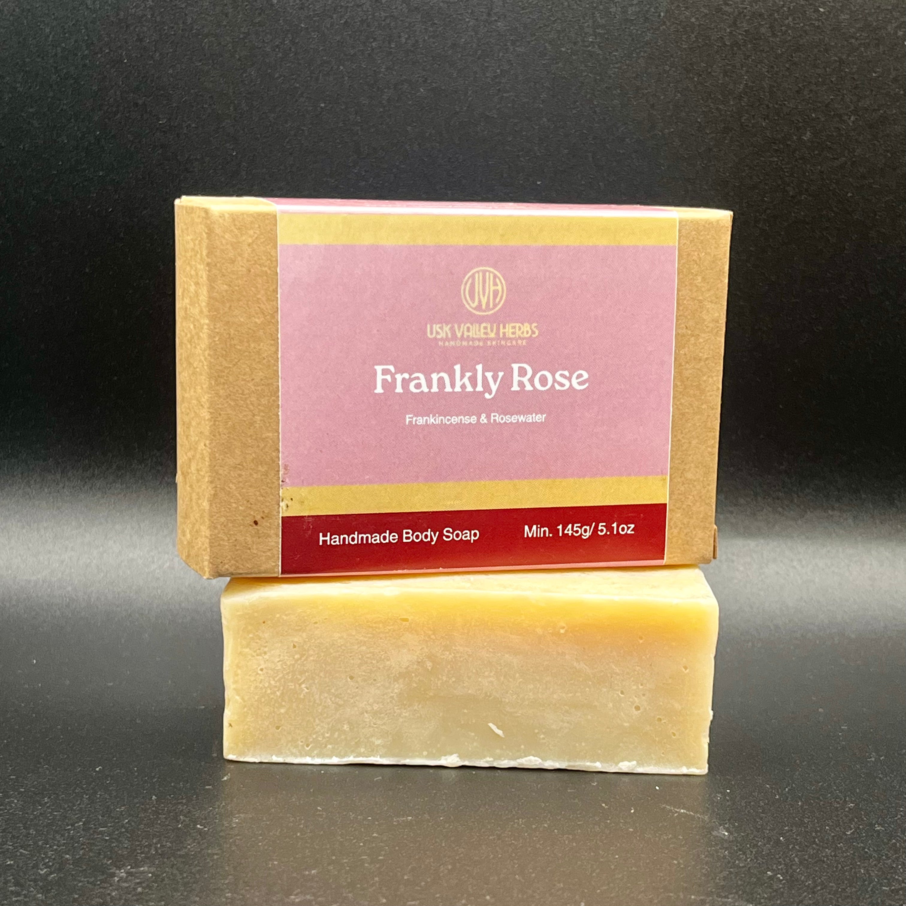 Frankly Rose natural handmade soap bar made with Rosewater and Frankincense, made in the Brecon Beacons by Usk Valley Herbs