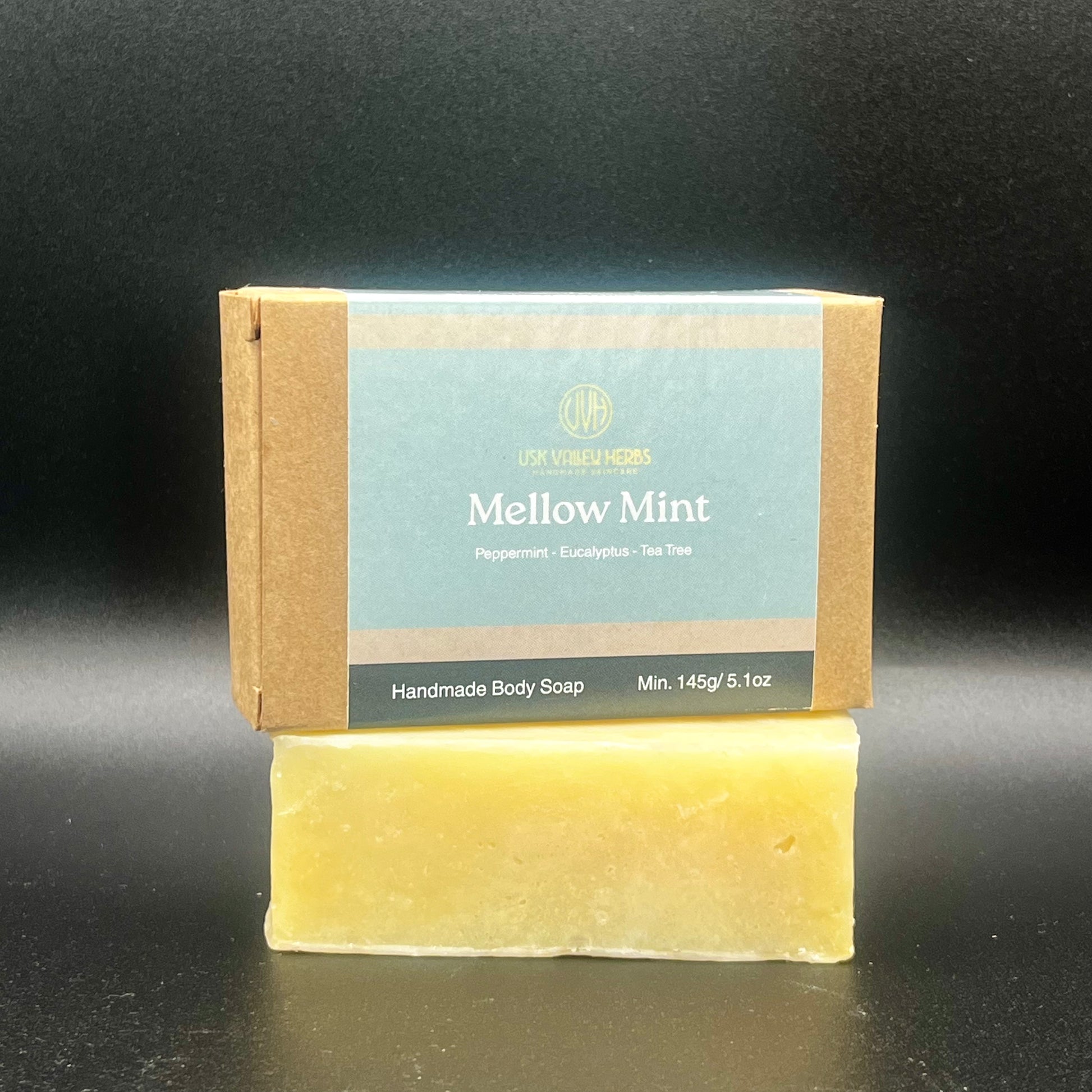 Mellow Mint handmade natural soap bar with Eucalyptus, Tea Tree and Peppermint essential oils, crafted in the Brecon Beacons by Usk Valley Herbs
