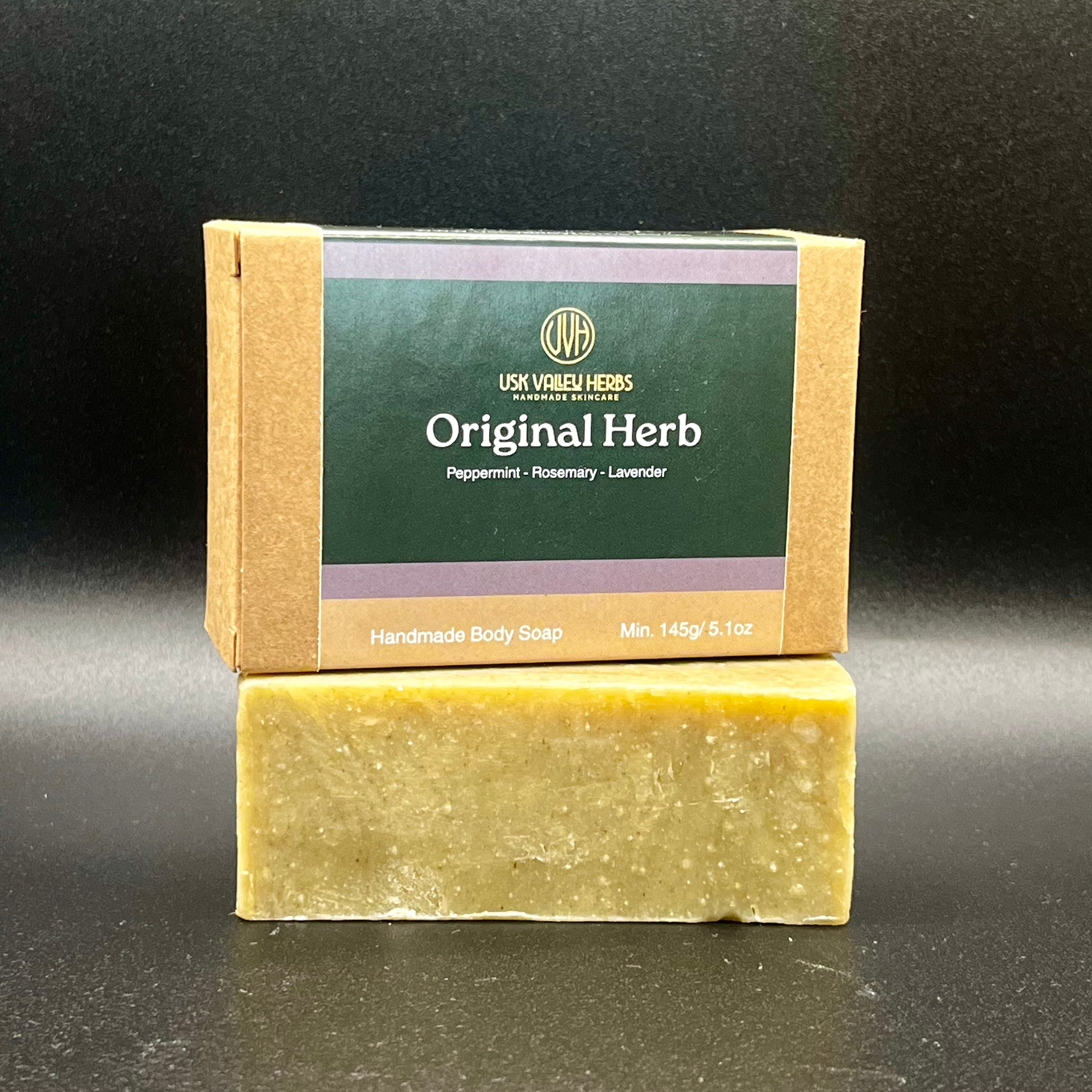 A bar of Original Herb soap made with essential oils of peppermint, lavender and rosemary. No palm oil, no fake scents, no SLS or parabens