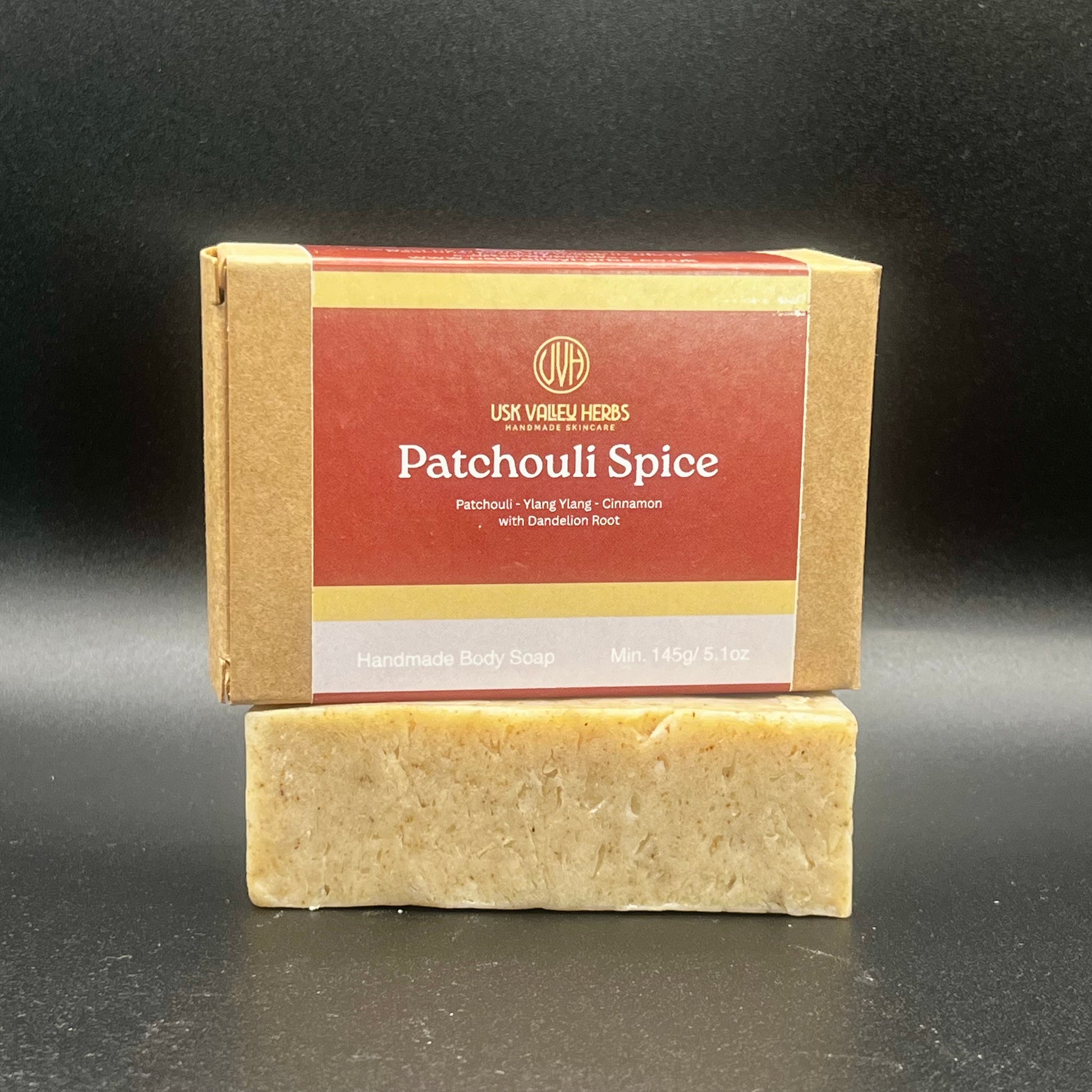 Patchouli Spice natural handmade soap bar with Dandelion Root, made with patchouli, ylang ylang and cinnamon by Usk Valley Herbs