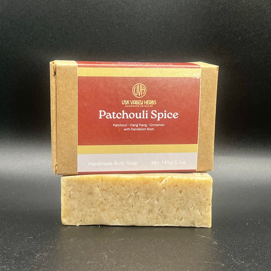 Patchouli Spice natural handmade soap bar with Dandelion Root, made with patchouli, ylang ylang and cinnamon by Usk Valley Herbs