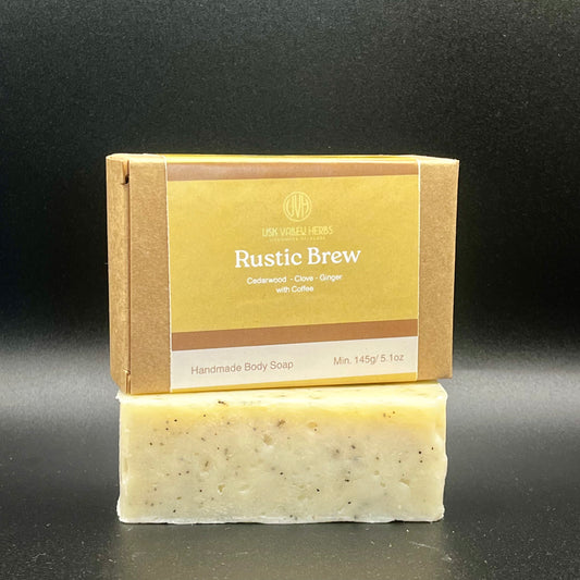 Rustic Brew handmade natural soap bar with exfoliating coffee grounds and essential oils of cedarwood, clove and ginger by Usk Valley Herbs in the Brecon Beacons
