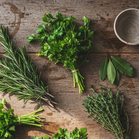 bunches of parsley, rosemary, bay, thyme and sage on a wooden table